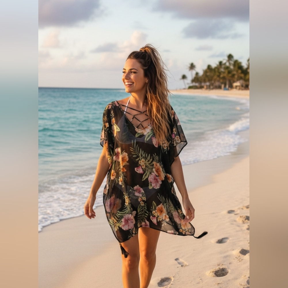 Kona Sol Swimsuit Coverup Size L Tropical Black Floral Kimono Lattice Back